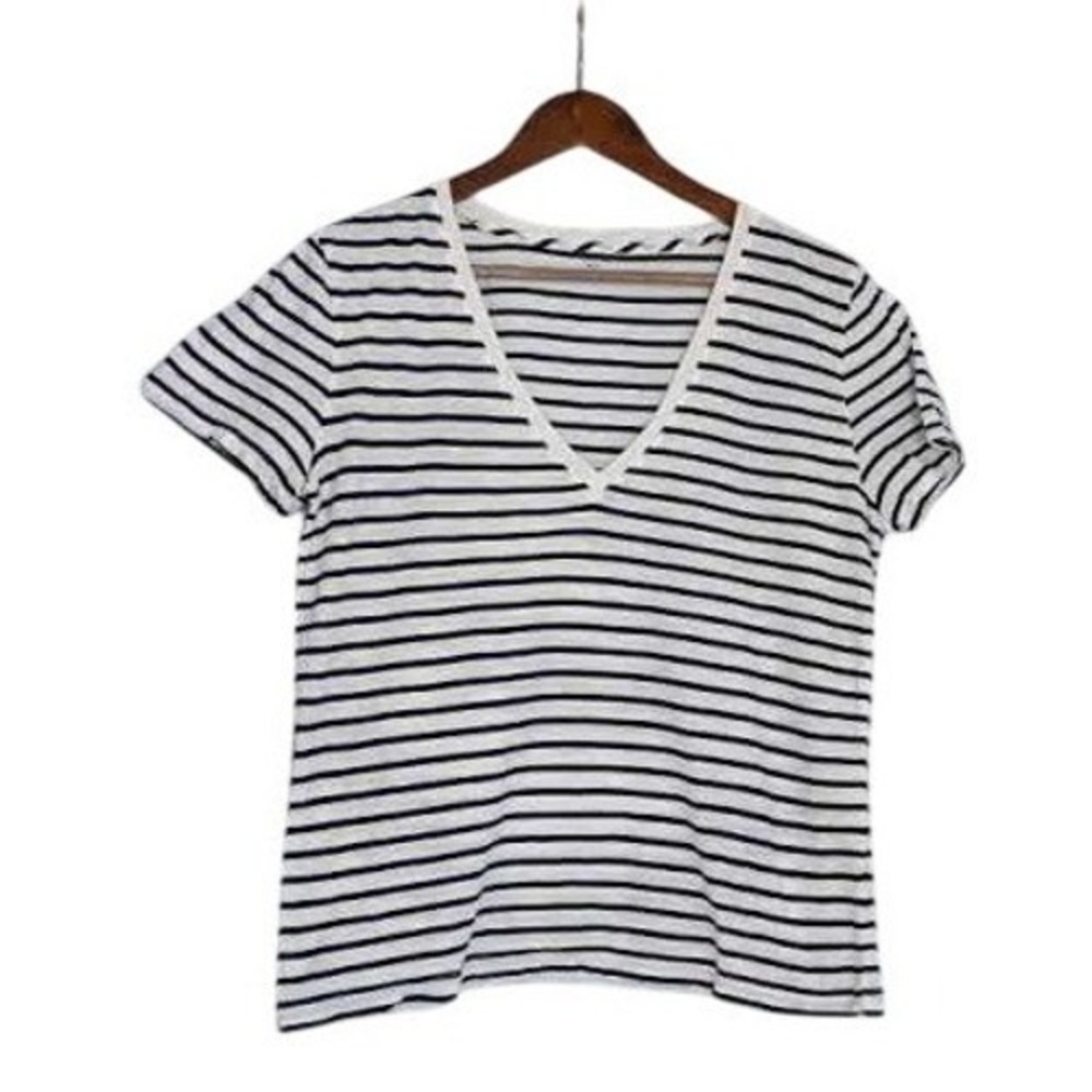 Madewell T Shirt L V Neck Navy White Striped Classic Nautical Summer Cotton Top